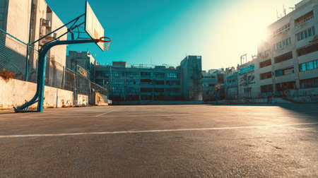 A captivating view of an abandoned basketball court under bright sunlight, showcasing empty bleachers and urban architecture that evoke feelings of nostalgia and solitude.の素材
