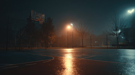 A foggy basketball court at night captures the eerie beauty of bright lights reflecting off wet pavement, creating a serene and tranquil urban atmosphere.の素材