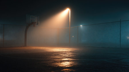 A tranquil scene of a basketball court at night, enveloped in fog and softly illuminated by a street light, evokes feelings of solitude and mystery.の素材