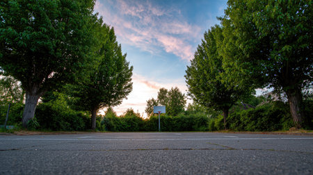 A serene basketball court nestled among vibrant green trees at sunset. The peaceful atmosphere invites relaxation and outdoor enjoyment, perfect for sports enthusiasts.の素材