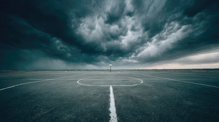An empty basketball court sits under a dramatic stormy sky filled with dark swirling clouds, creating a moody and atmospheric scene perfect for visual storytelling.の素材
