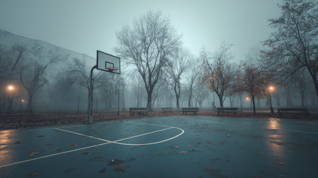 A serene basketball court enveloped in fog, surrounded by bare trees, benches, and glowing lights, creates a tranquil and moody atmosphere perfect for reflection.の素材