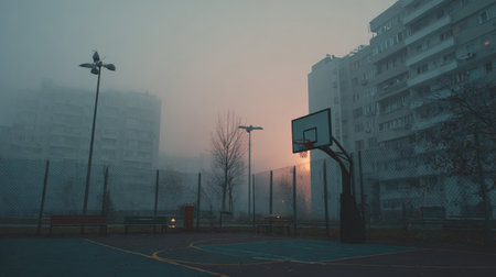 A serene scene captures an empty basketball court amidst foggy urban surroundings, highlighting the contrast between architecture and nature during twilight.の素材