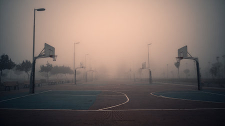 An empty basketball court shrouded in fog captures the stillness of a peaceful morning. The serene atmosphere invites reflection and solitude in an urban landscape.の素材