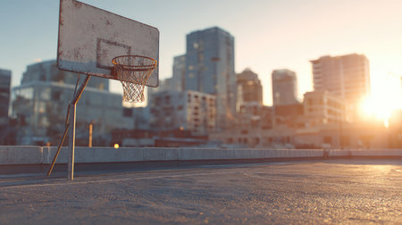 A picturesque urban rooftop basketball court at sunset, showcasing a solitary hoop amidst a stunning city skyline, epitomizing urban sports and lifestyle.の素材