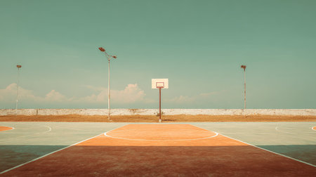A serene outdoor basketball court under a clear sky, featuring vibrant lines and a minimalist design perfect for sports photography and urban exploration.の素材