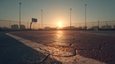 Captivating view of a basketball court during sunset, highlighting the warm golden light reflecting on the textured asphalt. A perfect backdrop for sports enthusiasts.の素材