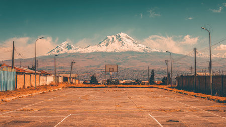 A stunning view of an empty basketball court with a backdrop of towering snow-capped mountains, capturing the essence of nature and sports in a tranquil village.の素材