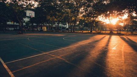 A tranquil evening scene capturing a basketball court bathed in warm sunset light, with long shadows and surrounded by verdant trees, embodying serene urban leisure moments.の素材