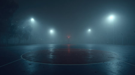 A foggy basketball court at night, illuminated by streetlights, creates a mysterious and atmospheric urban scene, perfect for evoking feelings of solitude and tranquility.の素材