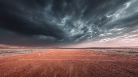A striking view of a red court surface in a vast, isolated landscape beneath dark, stormy clouds. The scene captures the raw beauty and dramatic atmosphere of nature.の素材