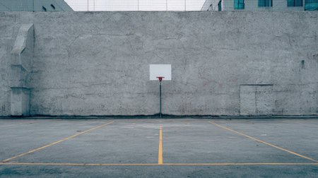 An empty basketball court featuring a gray wall and minimalist design, perfect for sports themes, urban settings, and creative photography.の素材