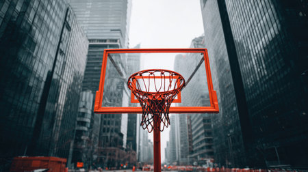 A vibrant urban scene featuring a basketball hoop amid towering skyscrapers, encapsulating the spirit of city life and the energy of sports in a modern environment.の素材