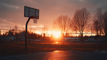 A tranquil scene featuring a basketball hoop silhouetted against a stunning sunset. The vibrant sky and calm atmosphere create a perfect setting for reflection.の素材