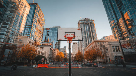 A captivating view of an urban basketball court framed by modern skyscrapers at sunset, capturing the essence of city life and the passion for sports.の素材