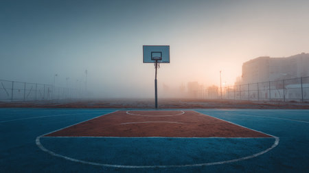 A tranquil basketball court shrouded in fog during the morning light, evoking a sense of calm and solitude perfect for sports-themed visuals or serene landscapes.の素材