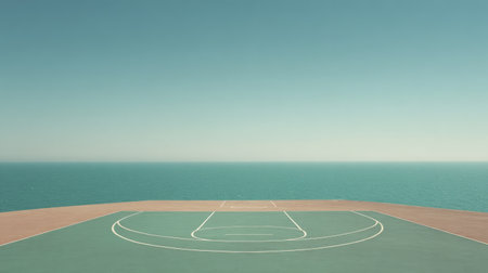 An empty basketball court offers a unique perspective of the ocean, creating an atmospheric blend of sports and nature in tranquility and minimalism.の素材