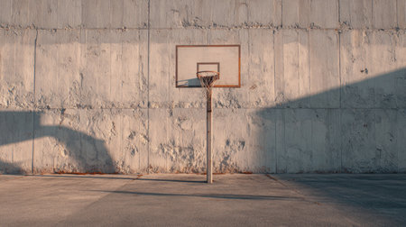 An empty basketball court stands against a textured concrete wall, illuminated by soft evening light. It creates a peaceful setting ideal for reflection and inspiration.の素材