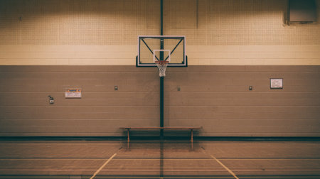 A serene basketball court featuring a hoop and bench, captures the essence of sports and education in a quiet school gym. Perfect for fitness and training imagery.の素材