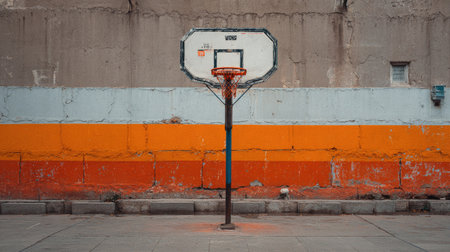 An empty basketball hoop stands resilient against a colorful, weathered wall. The vivid orange and blue tones create an engaging urban scene perfect for sports enthusiasts.の素材