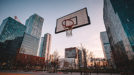 An urban basketball court set against a backdrop of modern skyscrapers during sunset, showcasing a vibrant city atmosphere perfect for recreation and community engagement.の素材