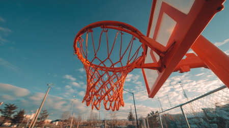 A vibrant basketball hoop set against a clear blue sky showcases energetic clouds, perfect for illustrating themes of sports, recreation, and urban lifestyle activities.の素材