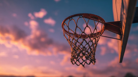 An empty basketball hoop silhouetted against a vibrant sunset sky featuring various hues of orange and pink, creating an artistic and serene sports-themed scene.の素材