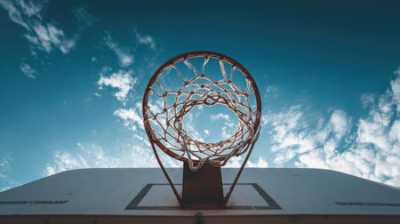 A captivating view of a basketball hoop taken from below, showcasing a vibrant sky filled with clouds. Ideal for themes of sports, fitness, and outdoor leisure.の素材