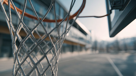 This close-up shot captures a basketball hoop and net with a blurred building background, evoking urban sports culture and showcasing the excitement of the game.の素材
