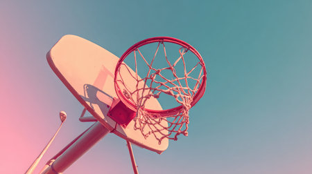 A striking image of a basketball hoop against a blue sky, showcasing the thrill of outdoor sports. Perfect for themes of recreation, fitness, and youth engagement.の素材