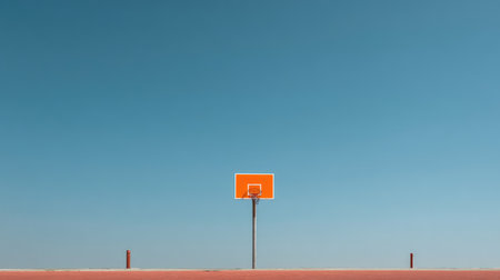 A serene view of an empty basketball court set against a clear blue sky, featuring an orange hoop and bright red surface, perfect for sports and recreation themes.の素材