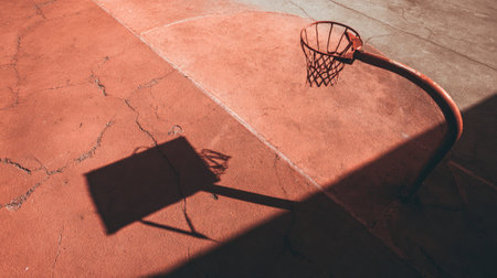This captivating image showcases an outdoor basketball hoop casting shadows on a textured court. The interplay of light and shadow creates an intriguing atmosphere.の素材