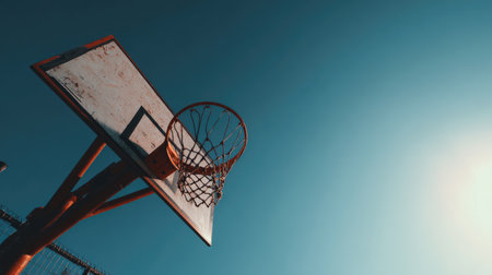 A stunning low angle view of a basketball hoop in a serene outdoor setting, capturing the essence of sport, skill, and the joy of play on a bright day.の素材