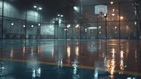 A captivating view of an empty urban basketball court under a gentle rain at night, with streetlights reflecting on the wet surface, evoking tranquility and solitude.の素材
