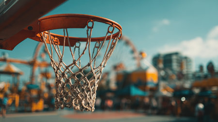 A close-up view of a basketball hoop with a vibrant background of an amusement park, capturing the essence of fun, outdoor activities, and joyful moments under a bright blue sky.の素材