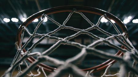 This detailed image captures a basketball hoop net from a close perspective, showcasing ropes and bright stadium lights, conveying the excitement of sports action.の素材