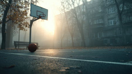 A tranquil basketball court scene at sunrise, enveloped in mist and fog, showcasing a lone basketball near the backboard, highlighting an urban oasis for sports.の素材