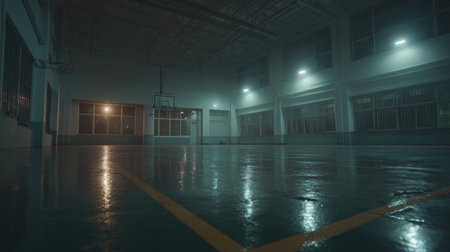An empty gymnasium featuring a polished floor illuminated by soft lighting, creating a tranquil atmosphere ideal for sports, fitness, and peaceful activities.の素材