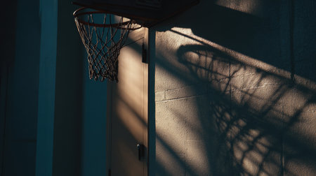 A dramatic play of shadows and light graces a basketball hoop in an empty gym, evoking feelings of competition and inspiration in a serene moment.の素材