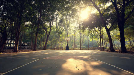 A tranquil view of an outdoor basketball court set in a beautiful park, featuring sunlight filtering through trees, ideal for athletes and nature enthusiasts.の素材