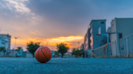 A serene basketball court at sunset captures the essence of sport and leisure. The vibrant sky reflects on an idle basketball, inviting a sense of peace and inspiration.の素材