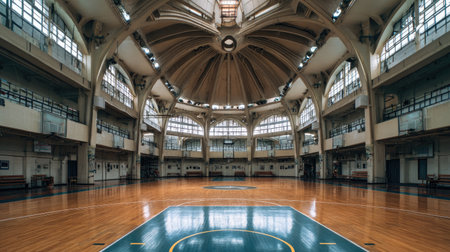 An expansive gymnasium featuring a polished wooden floor and stunning high arched ceiling, ideal for various sports activities and events. Bright natural light enhances the atmosphere.の素材