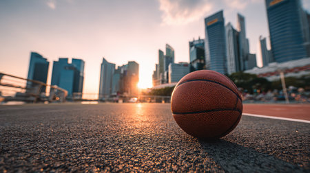 A basketball sits on an urban court against a stunning sunset backdrop, with a modern skyline highlighting themes of sports, city life, and vibrant outdoor activity.の素材