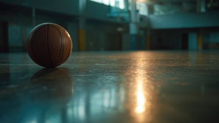 A solitary basketball rests on a smooth gym floor, illuminated by soft lighting, capturing a tranquil moment in an empty sports environment full of potential.の素材
