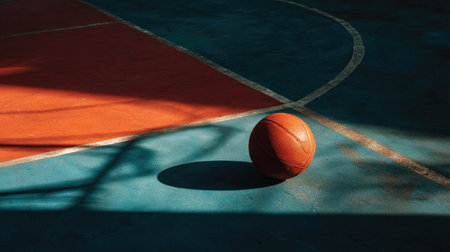 A solitary basketball rests on a vibrant, colorful court in an urban setting, showcasing unique shadows and textures that capture the essence of sport and leisure.の素材