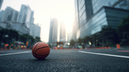 A close-up view of a basketball resting on an empty city street, capturing the essence of urban life and sports against a backdrop of modern architecture and sunset.の素材