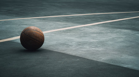 A solitary basketball rests on an empty court, casting shadows and evoking feelings of neglect and isolation in an urban sports environment during dusk.の素材