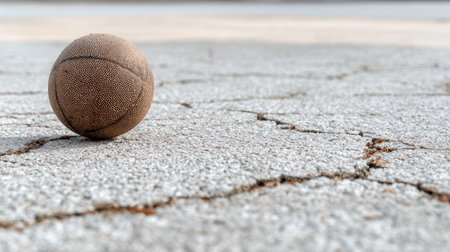 A weathered football rests on a cracked asphalt surface, showcasing rich textures and colors under soft natural light. Ideal for themes related to sports and the outdoors.の素材