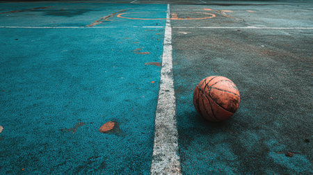 A solitary basketball rests on an abandoned outdoor court, showcasing a vibrant blue surface and worn paint, evoking a sense of nostalgia and urban charm.の素材