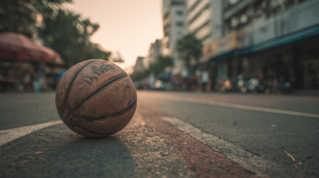 A solitary basketball rests on an urban street during golden hour, capturing a moment of peace amidst city life, with warm sunlight creating a cozy atmosphere.の素材